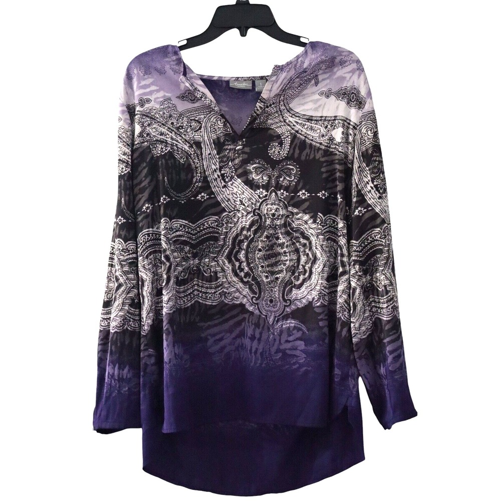 Chico's Travelers Tunic Top Women Elegant Gradient Purple Paisley Slit Neck Sz 1